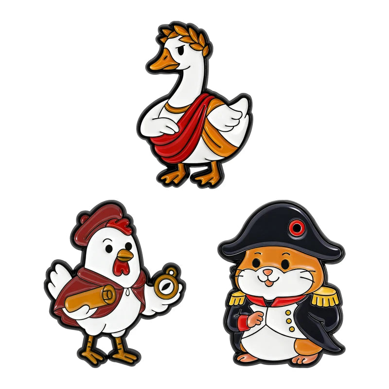A set of enamel pins featuring cartoon cat designs with rude middle finger and daisy flower motifs
