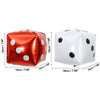 Two casino dice foil balloons, one red and one white, are shown with dimensions 18cm by 7.08 inches.