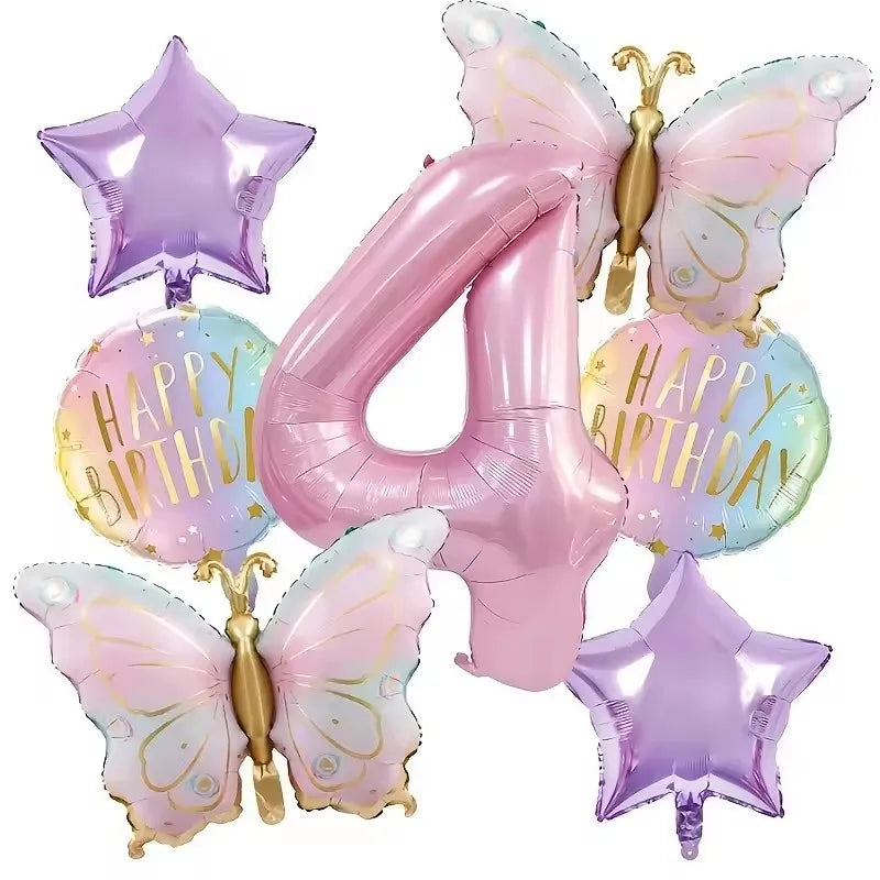 A set of seven pink butterfly and number balloons for a birthday party decoration
