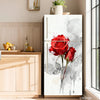 A refrigerator featuring a watercolor painting of a red rose and gray floral design.