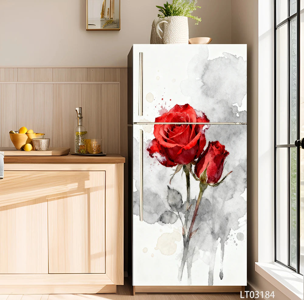 A refrigerator featuring a watercolor painting of a red rose and gray floral design.