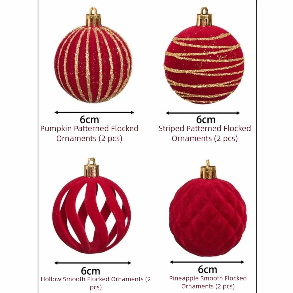 A set of six velvet Christmas hanging ornaments in various patterns including pumpkin, striped, hollow, and pineapple designs