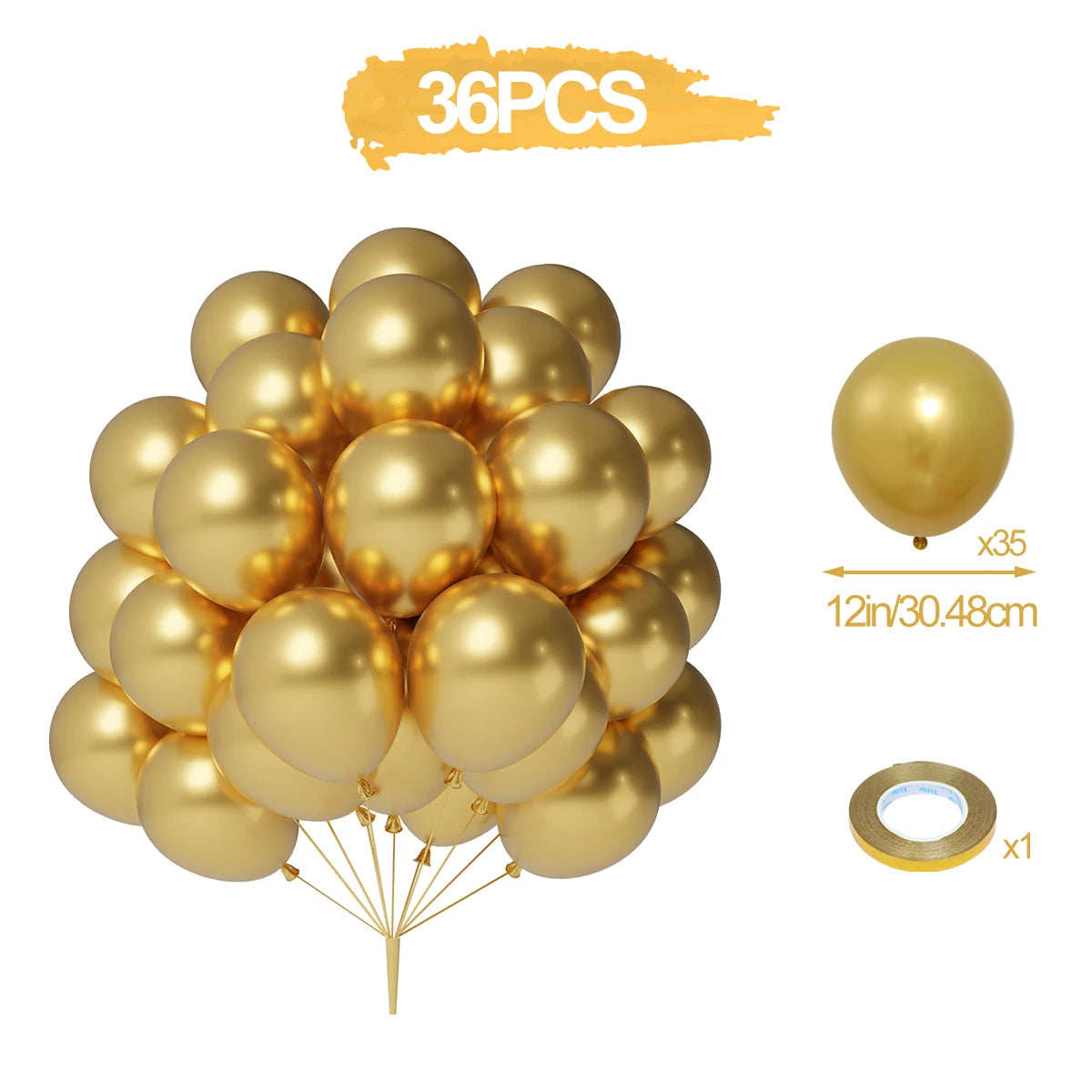 A bunch of 36 gold metallic pearl balloons with confetti accents and a gold ring.