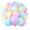 A bunch of pastel rainbow latex balloons in shades of pink, yellow, and blue.