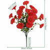 A bouquet of artificial red pansy flowers with green eucalyptus stems.