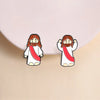 Jesus enamel lapel pin featuring a depiction of Jesus with long brown hair and a red sash.