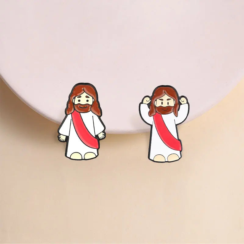 Jesus enamel lapel pin featuring a depiction of Jesus with long brown hair and a red sash.