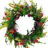 Artificial wildflower door wreath featuring colorful spring and summer flowers and greenery