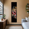 Vertical wall art featuring a Japanese Oni demon samurai sword design in red and black on a dark background