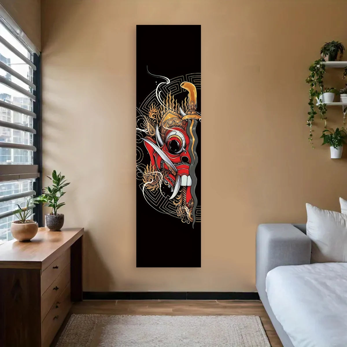 Vertical wall art featuring a Japanese Oni demon samurai sword design in red and black on a dark background