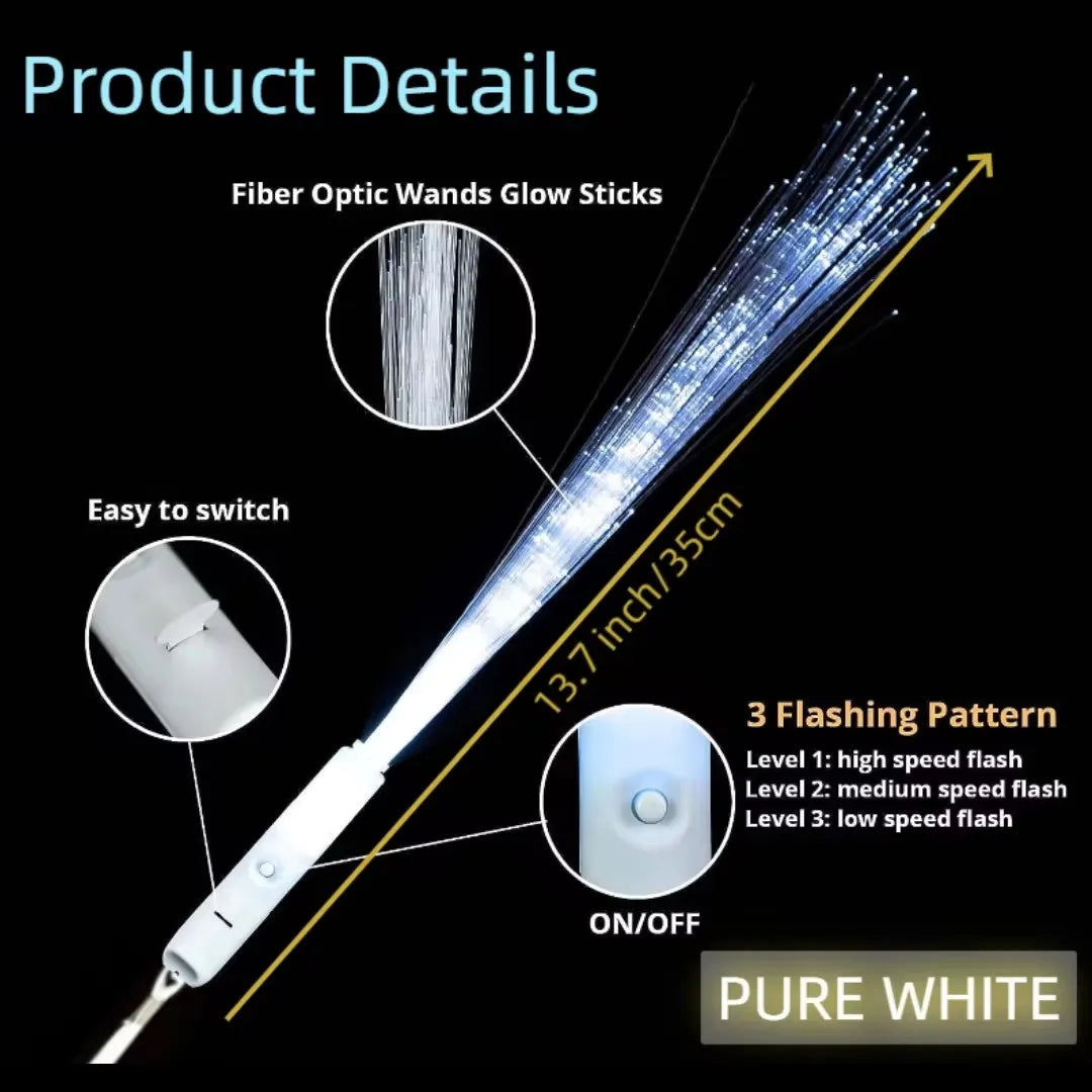 A white fiber optic glow stick wand showing a bright light beam and an on/off switch feature.