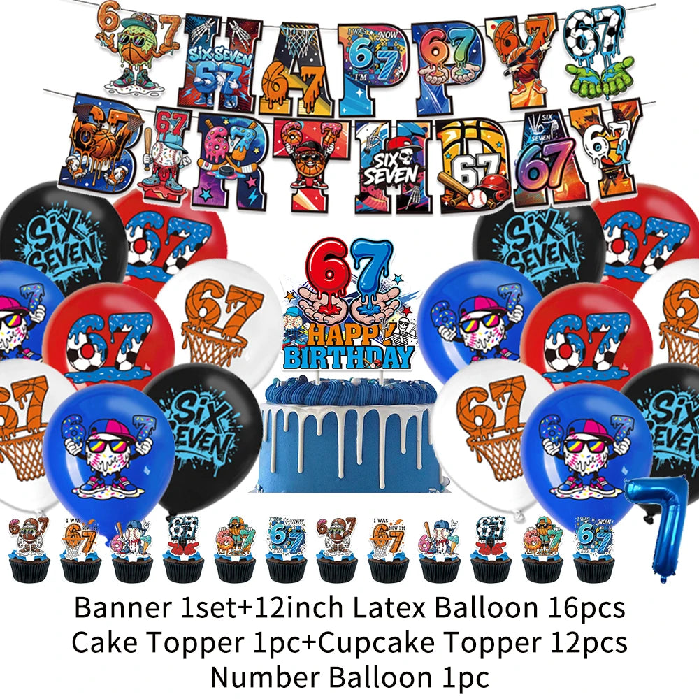 A banner featuring numbers 6 and 7 and various balloons for a birthday party decoration set