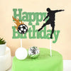 Green glitter birthday cake toppers featuring a soccer player silhouette and the words Happy Birthday