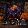 A Halloween themed puzzle featuring a full moon, bats, and pumpkins, surrounded by various resin skulls and figures.