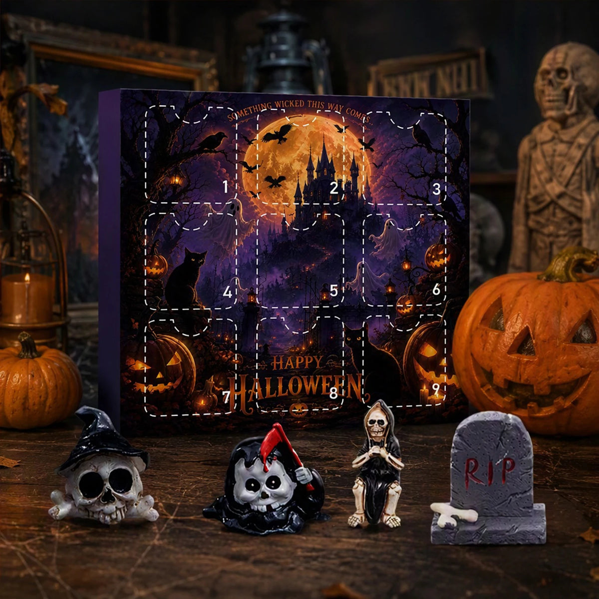 A Halloween themed puzzle featuring a full moon, bats, and pumpkins, surrounded by various resin skulls and figures.