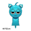 A light blue balloon shaped like a cat head with ears and a body, part of a party balloon set.