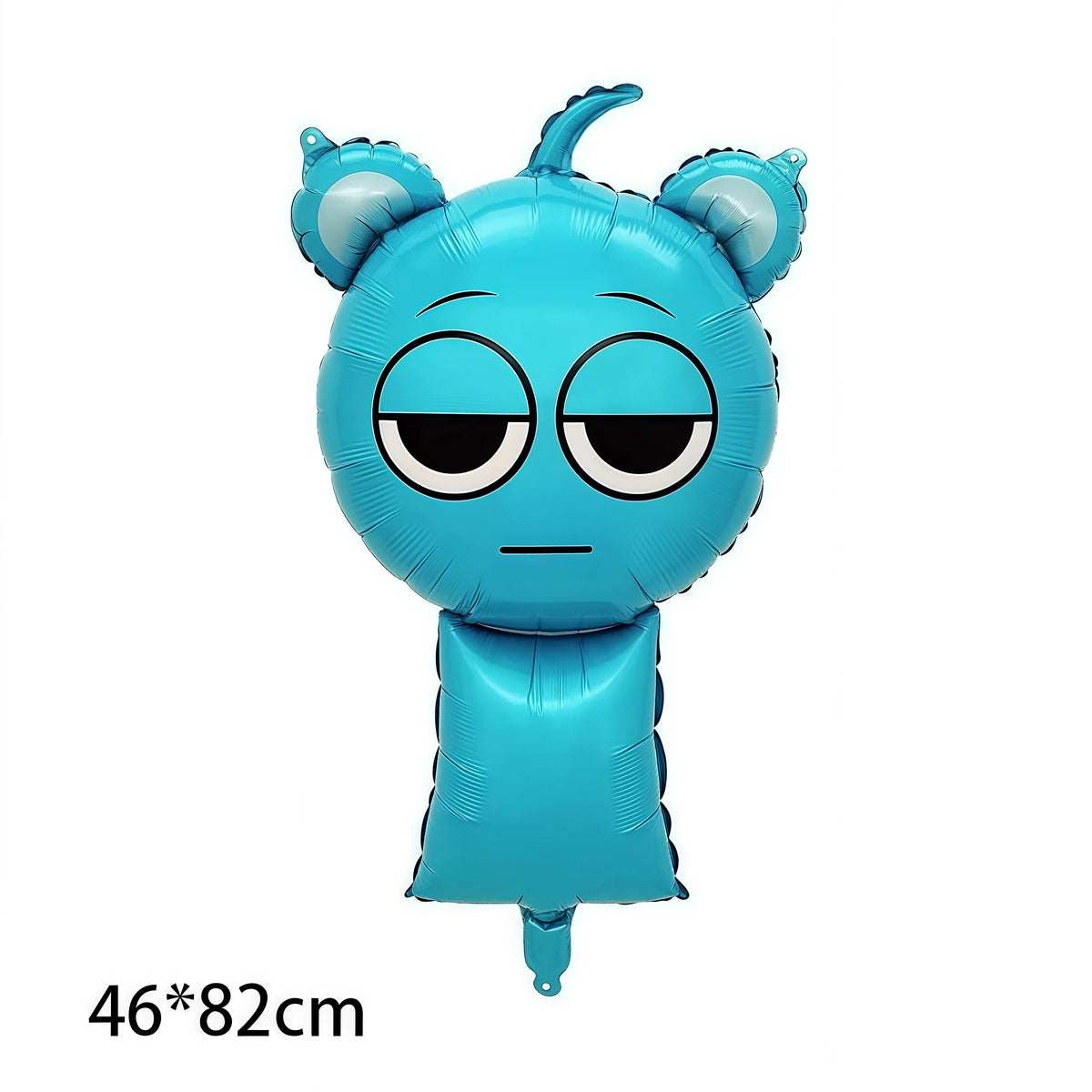 A light blue balloon shaped like a cat head with ears and a body, part of a party balloon set.