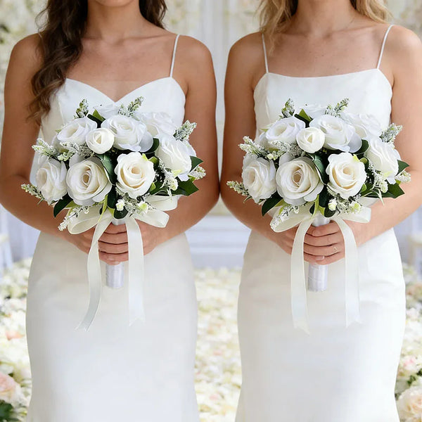 Two brides in white dresses hold elegant bouquets of white roses and greenery.