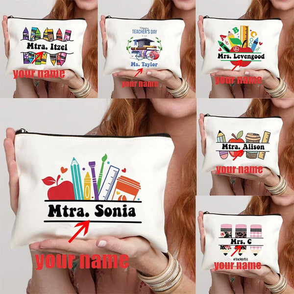 A collection of floral canvas makeup bags featuring various designs and names for teachers