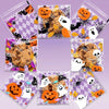 A collection of Halloween themed cellophane treat bags featuring pumpkins, ghosts, and bats.