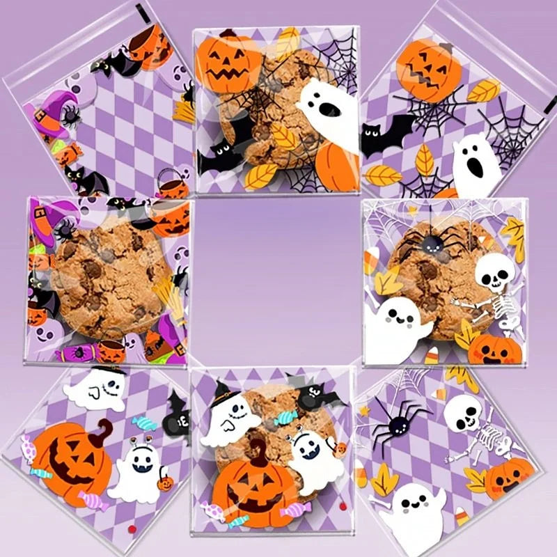 A collection of Halloween themed cellophane treat bags featuring pumpkins, ghosts, and bats.