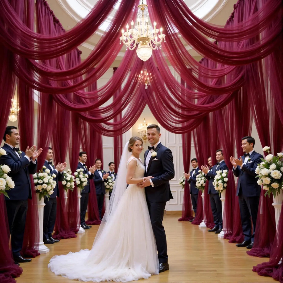 A wedding ceremony featuring a bride and groom standing in front of a luxurious magenta draped backdrop with chandeliers.