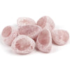 A collection of tumbled rose quartz crystals in various shades and sizes.