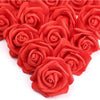 A cluster of vibrant red artificial foam rose decorations.