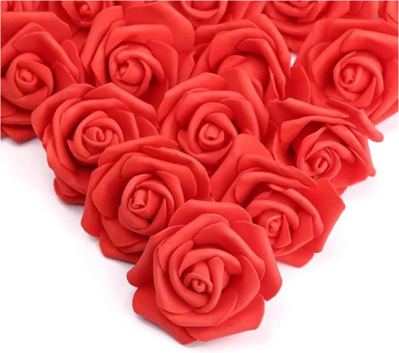 A cluster of vibrant red artificial foam rose decorations.