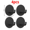 Four black stainless steel self-adhesive wall hooks shown in various views.
