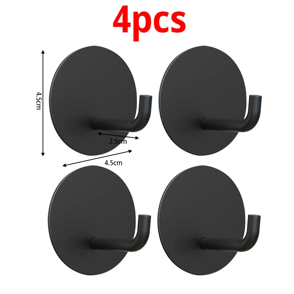 Four black stainless steel self-adhesive wall hooks shown in various views.