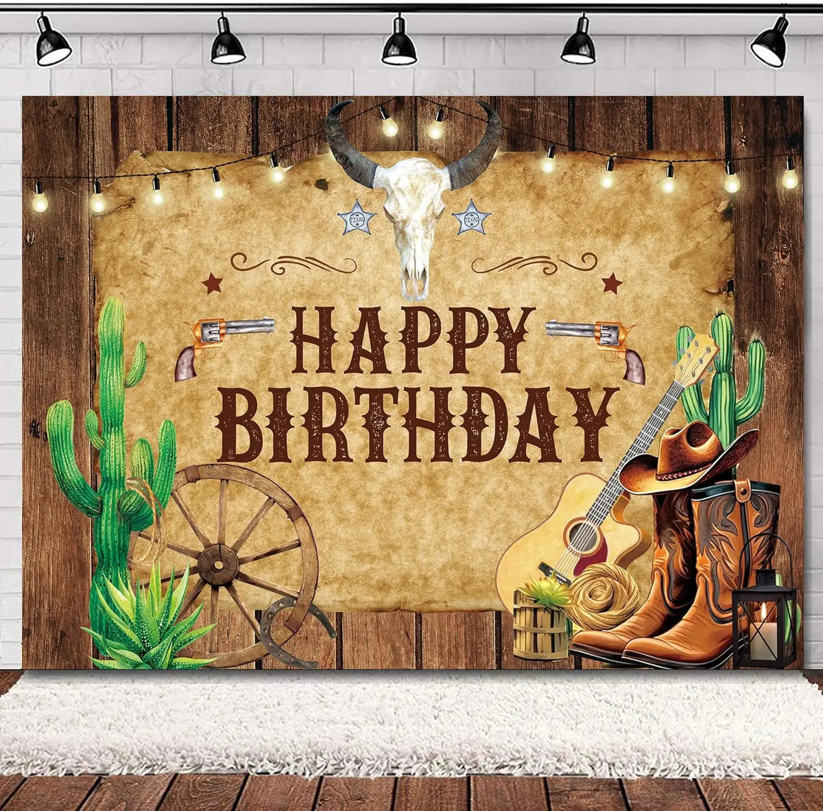 A rustic western backdrop featuring a wooden barn door, cacti, a skull, and cowboy boots.