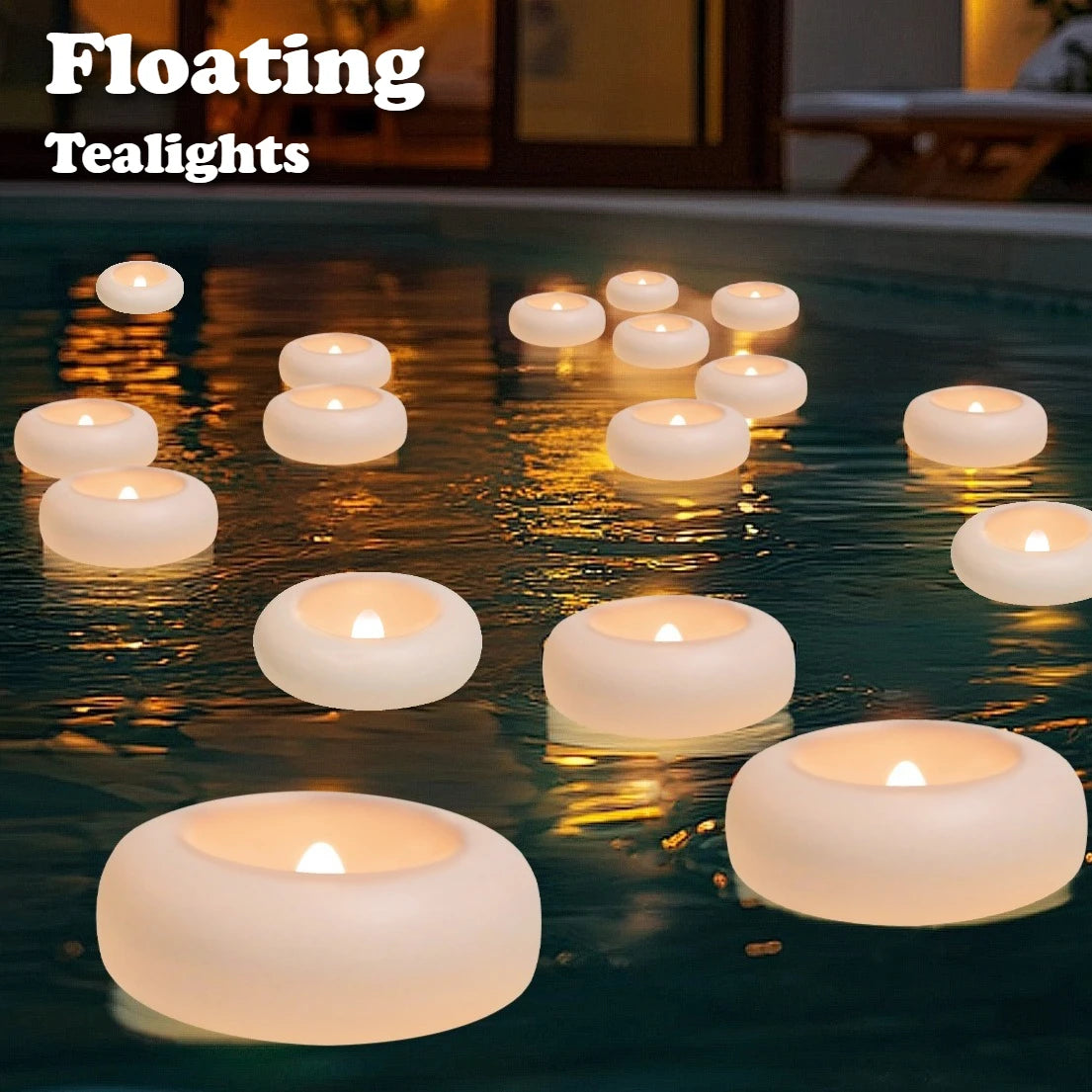 A collection of glowing white floating tealights on dark water.