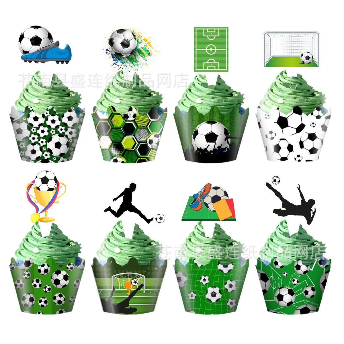 A set of soccer ball themed cake toppers, including green frosting cupcakes and various soccer ball decorations.