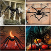 A giant black plush spider decoration with a web, displayed in various Halloween-themed settings.