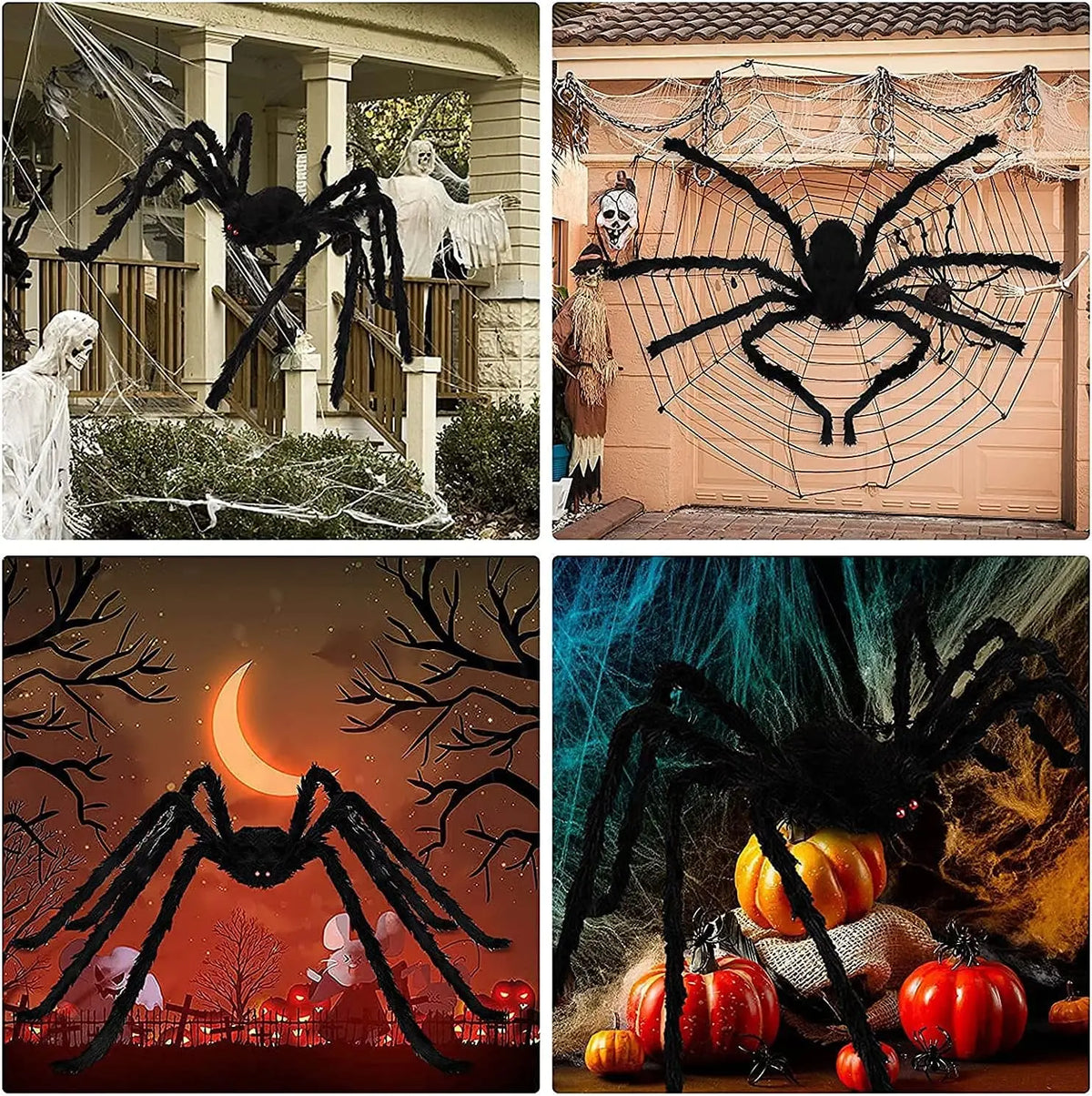 A giant black plush spider decoration with a web, displayed in various Halloween-themed settings.