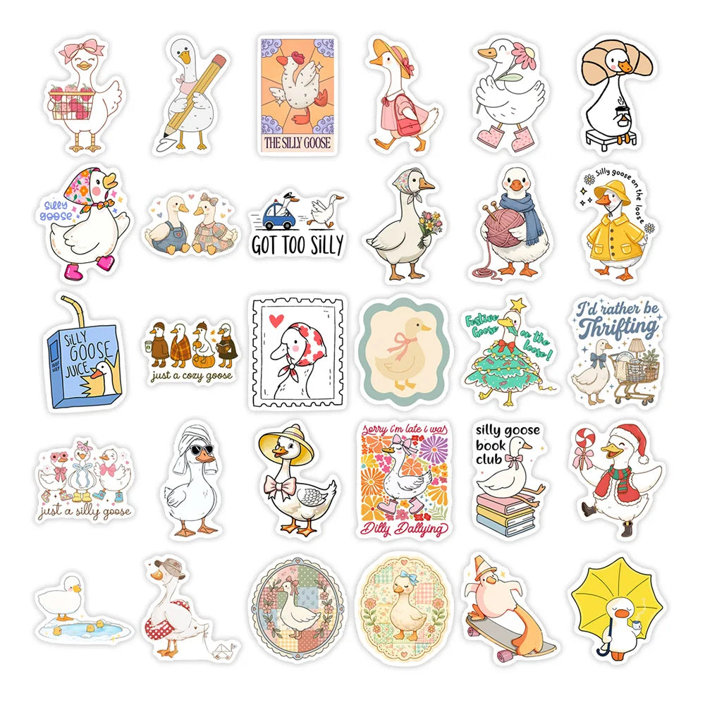 A collection of funny goose cartoon vinyl decals featuring various goose characters and scenes.