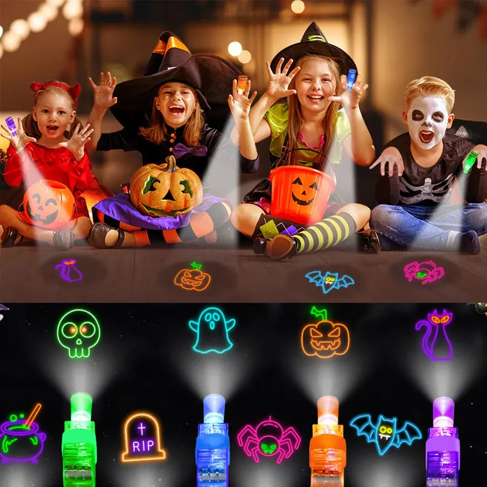 A collection of Halloween LED finger projector lights featuring various spooky designs like skulls, ghosts, pumpkins, and bat