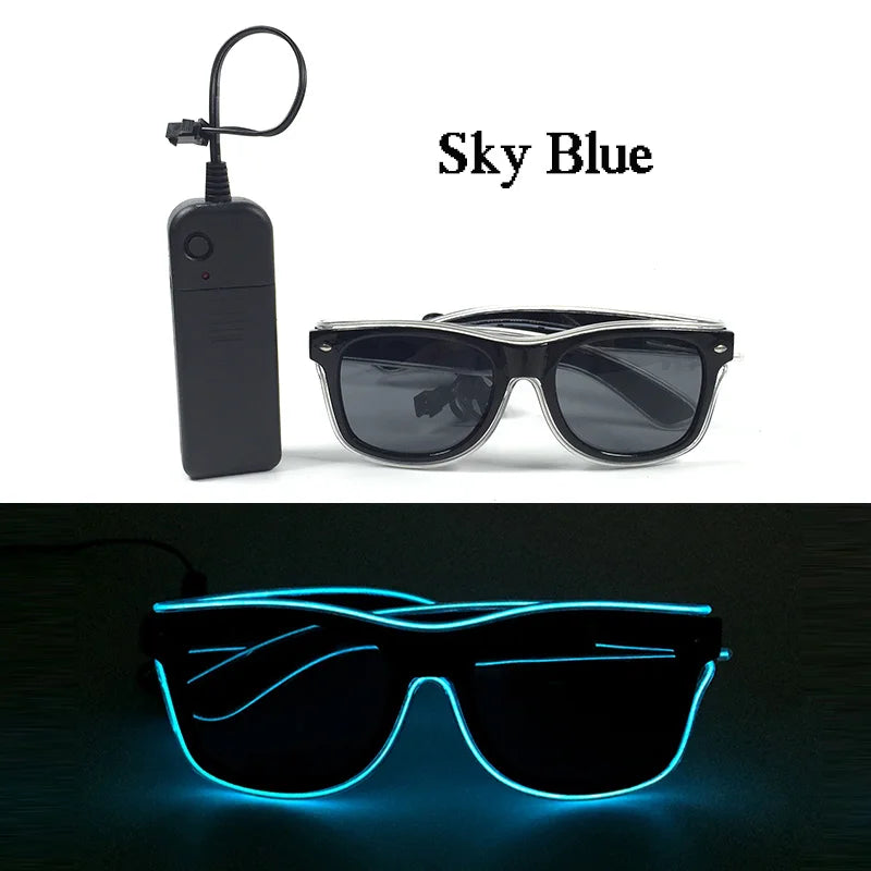 Sky Blue light up EL wire party sunglasses with a black case and glowing blue frame