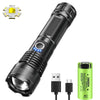 A black rechargeable zoom flashlight with a silver head and green battery, shown in a side view.