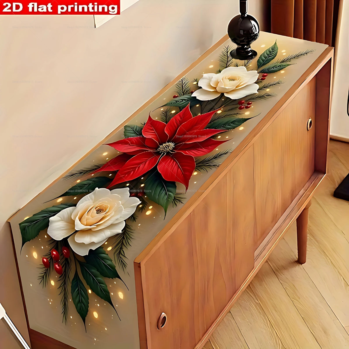 2D flat printing of a festive poinsettia table runner featuring red leaves and white roses on a wooden cabinet.
