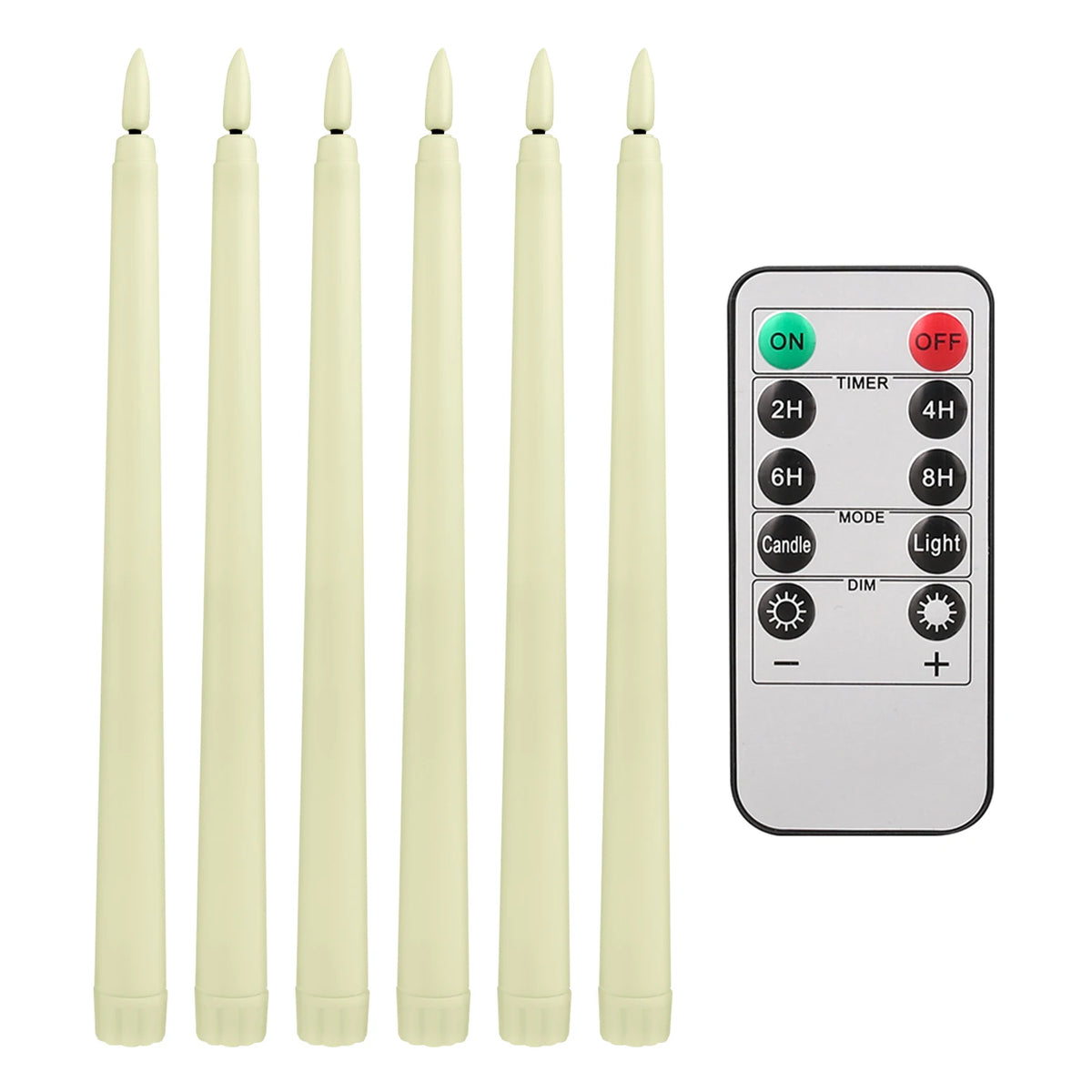 A set of six beige flamless taper candles and a remote control with timer and light settings.