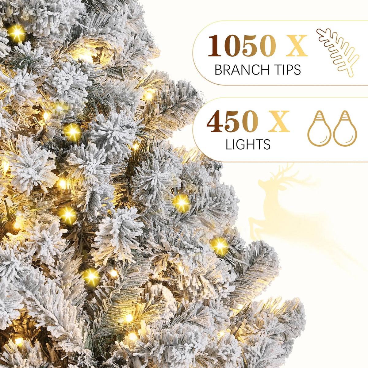 Flocked artificial Christmas tree decorated with warm white LED lights and branch tips