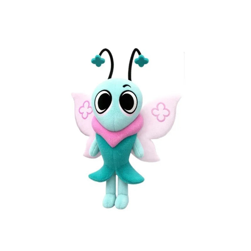 A cute, light blue butterfly plush doll with large eyes and pink wings.