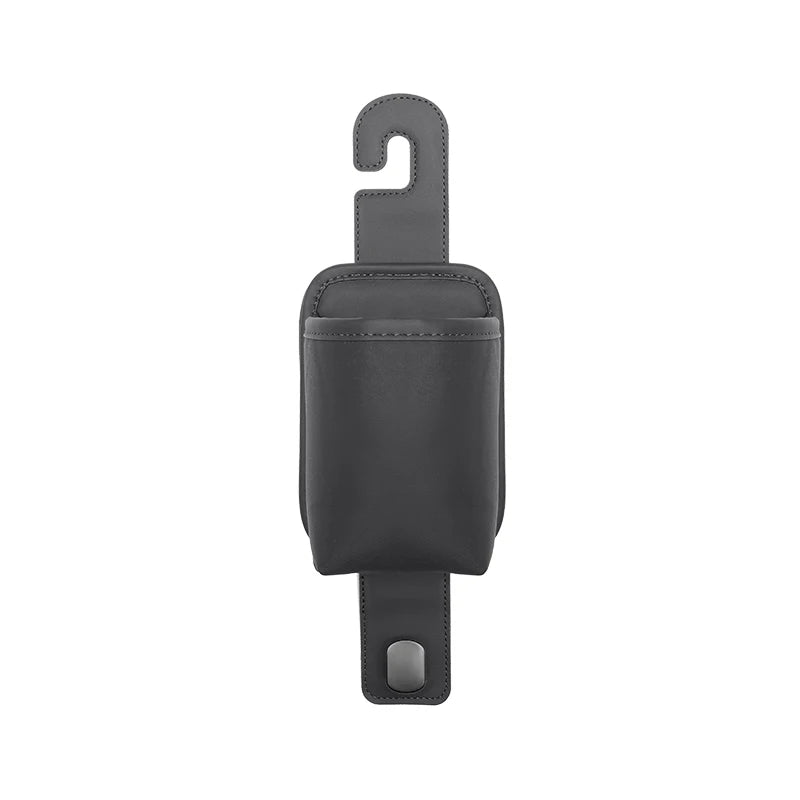 A black universal car seat back organizer and headrest hanger made of leather or synthetic material.