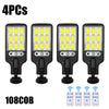 Four solar powered motion sensor security lights with 108 LED bulbs displayed on a white background.