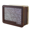 A wooden piggy bank with numbered slots for saving money, featuring a dark wood finish and a price tag of 3.000 Euros.
