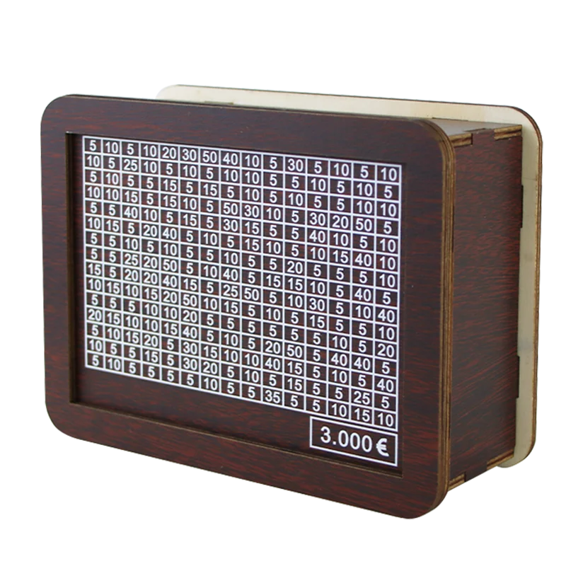 A wooden piggy bank with numbered slots for saving money, featuring a dark wood finish and a price tag of 3.000 Euros.