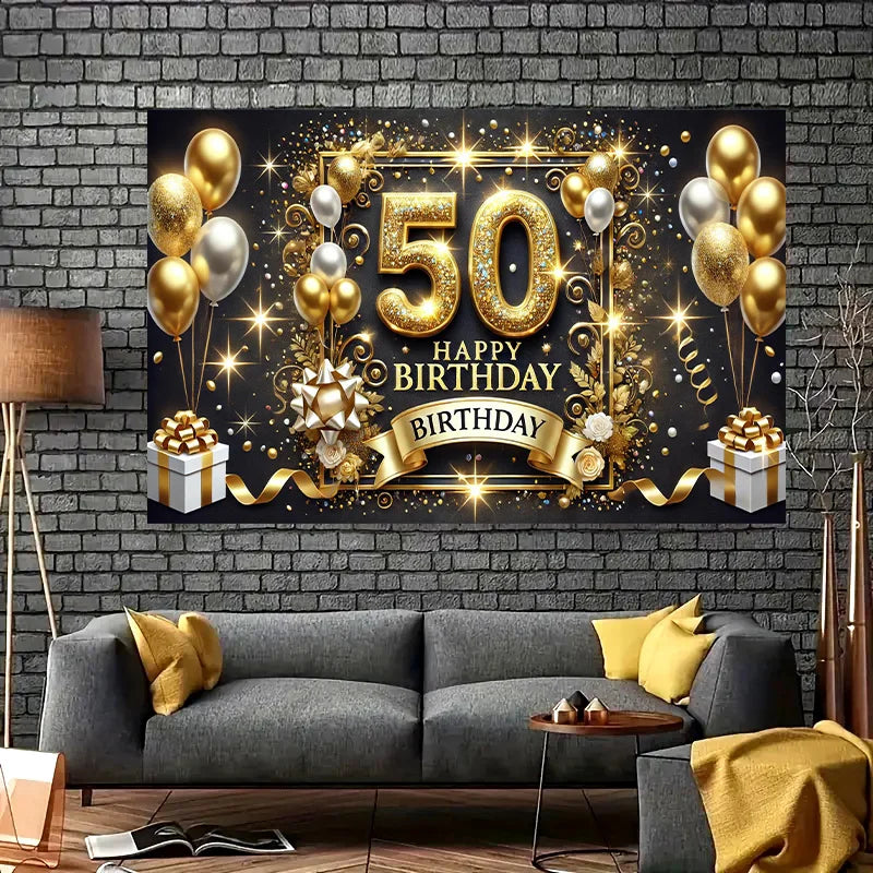 A large banner featuring gold and black balloons, confetti, and the text 50th Happy Birthday.