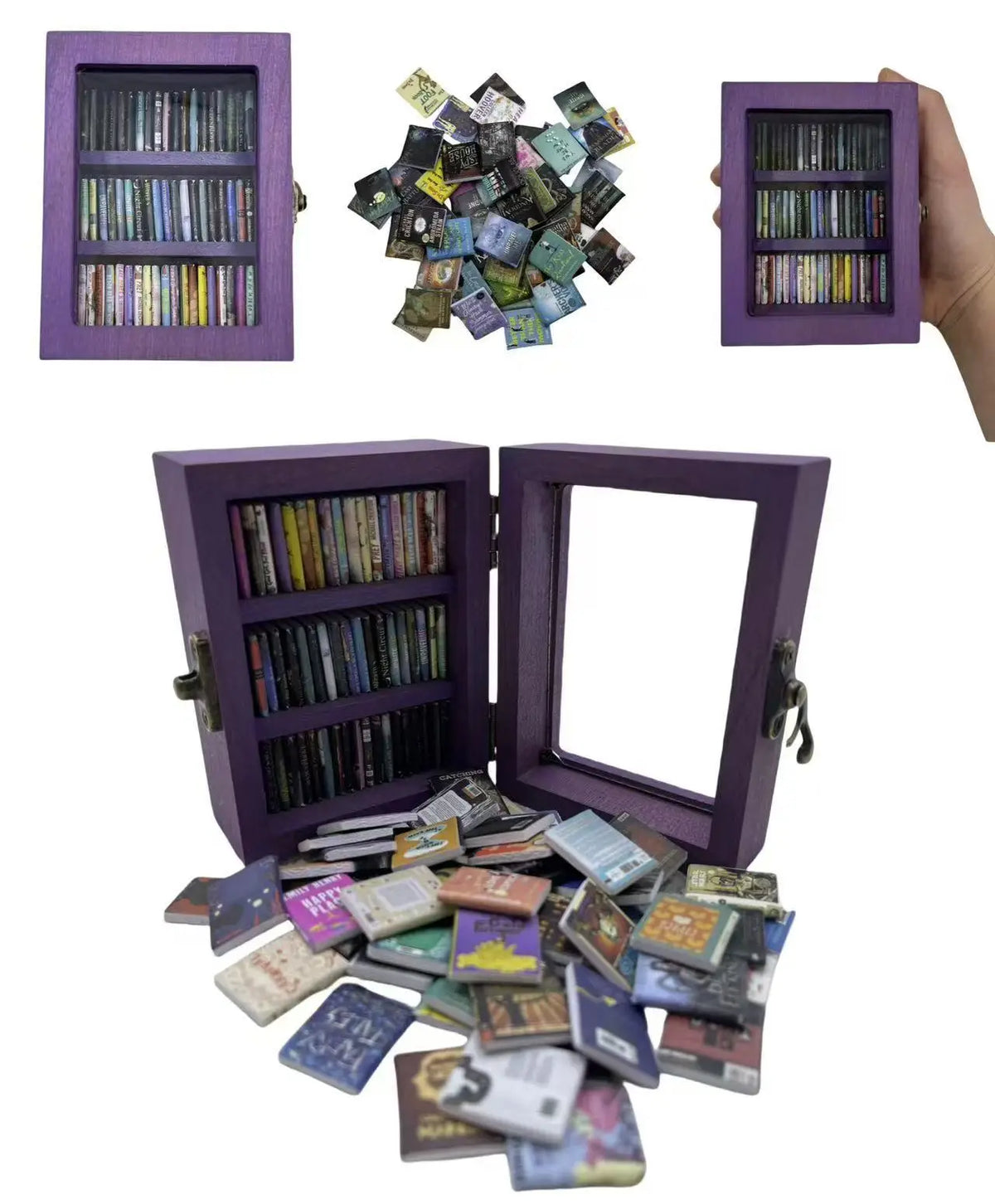 A purple decorative book display featuring multiple small books in glass-fronted wooden frames.